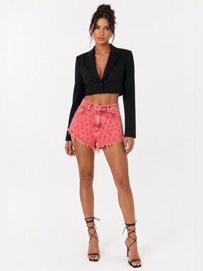 New We The Free Mixed Emotions Dragonfruit Sorbet Distressed Hi-Lo Denim Shorts